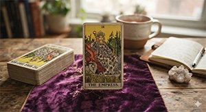 An isolated overhead view of a single card representing the Empress resting face up on a clean altar cloth next to a journal.