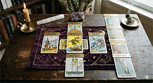 A complete ten card Celtic Cross tarot spread laid out perfectly with a central geometric cross and a vertical column of cards on the right side.