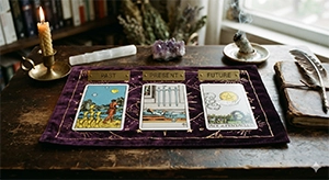 Three Tarot cards arranged horizontally in a perfect row, signifying linear progression from left to right.