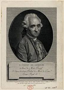 An 18th-century stipple engraving portrait of a long-haired scholar, Antoine Court de Gébelin, in a circular frame.