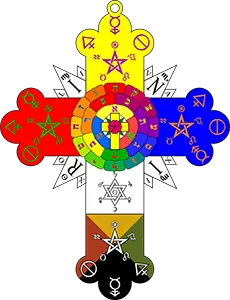 The intricate, multi-colored geometric emblem of the Rose Cross Lamen insignia.