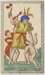 Historical Minchiate di Firenze card 00 depicting Il Matto, the Madman