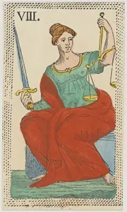Historical Minchiate di Firenze card 08 depicting La Giustizia, Justice