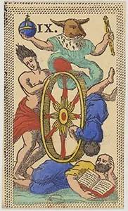 Historical Minchiate di Firenze card 09 depicting Ruota della Fortuna, Wheel of Fortune