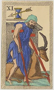 Historical Minchiate di Firenze card 11 depicting Il Gobbo or Il Tempo, The Hunchback or Time
