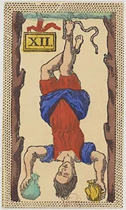 Historical Minchiate di Firenze card 12 depicting L'Appeso or Il Traditore, The Hanged Man or The Traitor