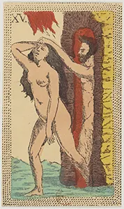 Historical Minchiate di Firenze card 15 depicting La Casa del Diavolo, The House of the Devil or The Tower