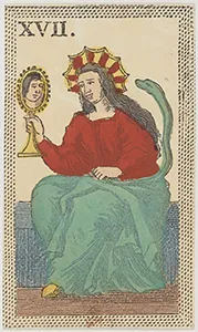 Historical Minchiate di Firenze card 17 depicting La Prudenza, Prudence