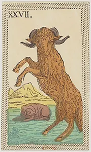 Historical Minchiate di Firenze card 27 depicting L'Ariete, Aries