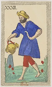 Historical Minchiate di Firenze card 32 depicting L'Acquario, Aquarius
