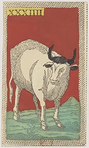 Historical Minchiate di Firenze card 34 depicting Il Toro, Taurus