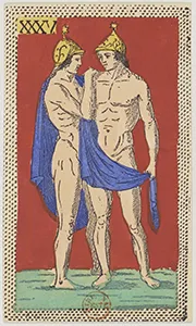Historical Minchiate di Firenze card 35 depicting I Gemelli, Gemini