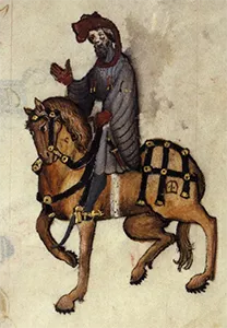 An illuminated manuscript portrait of Chaucer's Knight riding a brown horse. He wears a padded red hood and a grey tunic.