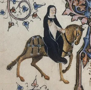 An illuminated manuscript portrait of the Prioress, a nun in a black habit and veil riding a horse sidesaddle.