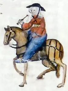 An illuminated manuscript portrait of the Wife of Bath on horseback, wearing an oversized black hat and a red coat.