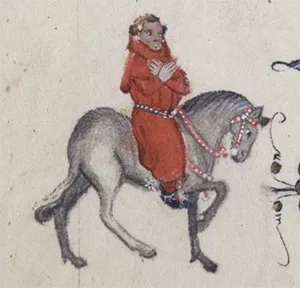 An illuminated manuscript portrait of the humble Parson priest in a simple red tunic, riding a grey horse.