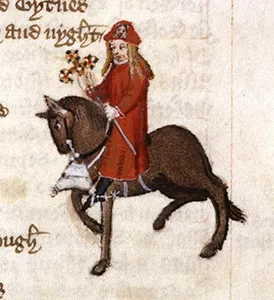 An illuminated manuscript portrait of the Pardoner in a bright red coat and hat, holding up a golden cross.