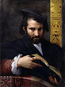 An oil painting portrait of a bearded man with dark hair wearing a soft black cap and a dark tunic over a white shirt.