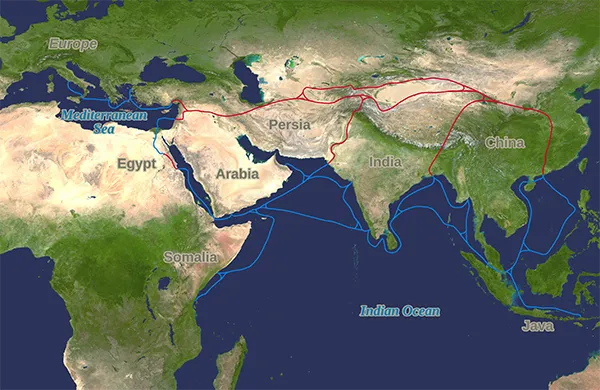 A map showcasing the overland (red) and maritime (blue) networks of the Silk Road that connected East Asia to the Mediterranean.