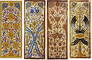 Surviving Mamluk kanjifah cards showing the highly stylized suits of Coins, Polo Sticks, Cups, and Swords, strictly adhering to non-iconic geometric patterns.