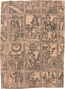 An early Italian woodcut printing sheet from circa 1500, showing the adaptation of original Islamic suits into traditional Italian Batons, Swords, Cups, and Coins.