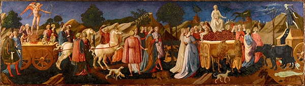A long, horizontal 15th-century Renaissance painting depicting an allegorical procession against a rocky landscape. Moving from Love on the left, to Chastity in the center, and concluding with Death on the right.