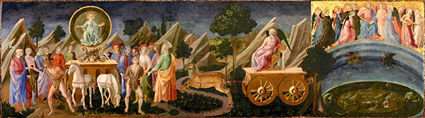 A long, horizontal 15th-century Renaissance painting depicting a continuous allegorical procession against a rocky mountain backdrop. Move from Fame on the left, through Father Time in the center, to Eternity on the right.