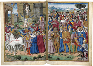 A two-page 16th-century French manuscript illumination showing Cupid holding a bow atop a chariot drawn by four white horses.
