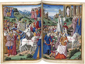 A vibrant two-page 16th-century French manuscript illumination showing an enthroned woman clad in white riding a chariot pulled by two white unicorns.