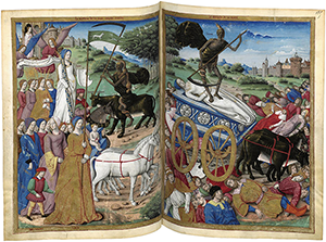 A two-page 16th-century French manuscript illumination showing a skeletal figure of Death standing with a scythe atop a blue chariot.