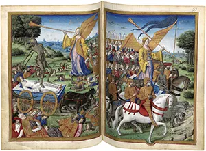 A two-page 16th-century French manuscript illumination showing a large, winged angel figure blowing a long trumpet while standing on a white horse.
