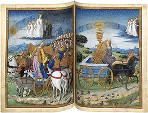 A two-page 16th-century French manuscript illumination showing a crowned woman on a blue chariot featuring an armillary sphere.
