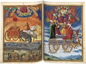 A two-page 16th-century French manuscript illumination showing God the Father enthroned inside a brilliant ring of fiery golden light and angels.