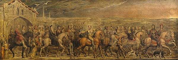 William Blake's wide, horizontal panoramic tempera painting detailing the collective procession of Chaucer's pilgrims.