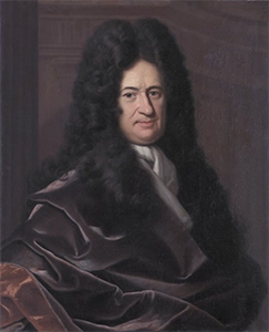 An oil portrait painting of mathematician and philosopher Gottfried Wilhelm Leibniz.