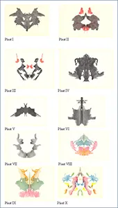 The ten original symmetric black-and-white and colored Rorschach inkblot plates arranged sequentially.