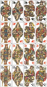 A collection of early 20th-century court cards from a Tarot deck, showing the traditional four ranks.