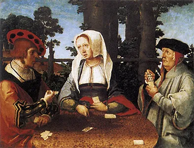 Lucas van Leyden's Renaissance oil painting of a group of elite men and women playing cards at a table.