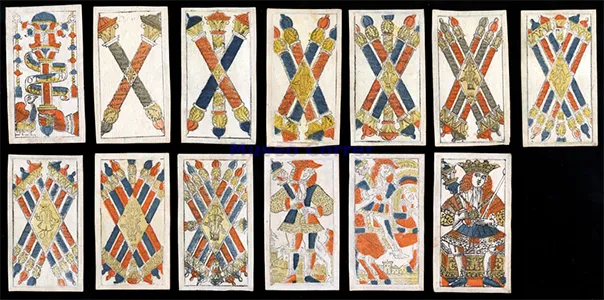 Historic Venetian woodcuts of the suit of batons.