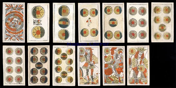 Historic Venetian woodcuts of the suit of coins.