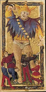 The illuminated 15th-century Charles VI (Gringonneur) Fool card showing an untamed figure surrounded by children.