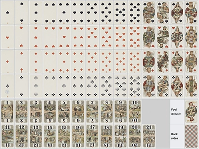 French Tarot cards from Grimaud detailing industrial-era double-headed genre designs.