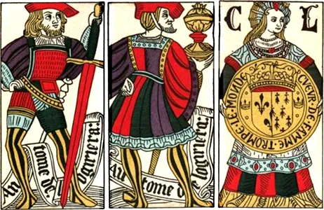 Uncut sheet of early Spanish playing cards detailing traditional courts.