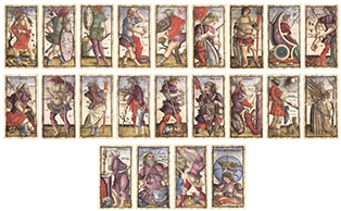 Detailed close up of individual late 15th-century Sola Busca tarot trumps.