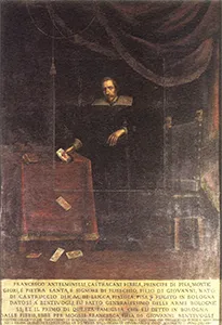 The portrait painting of Prince Francesco Antelminelli Castracani Fibbia holding a deck of Tarot cards.