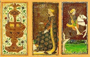 Reproduction of three cards from the Pierpont-Morgan Bergamo Visconti-Sforza Deck.
