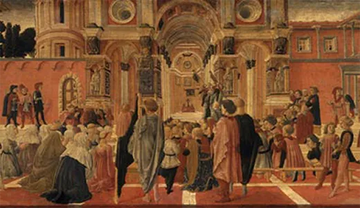 An early Renaissance painting depicting St. Bernardino of Siena preaching from an outdoor wooden pulpit to a large crowd gathered in a public square.