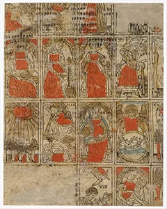 Uncut 15th-century woodcut sheet of Tarocchi playing cards.
