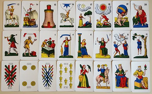 A Southern Italian Tarocco Siciliano card featuring an illustrated sailing vessel motif instead of traditional papess iconography.