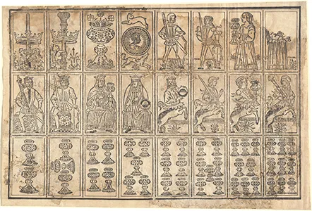 Italian 15th-century woodcut printing sheet for common playing cards.